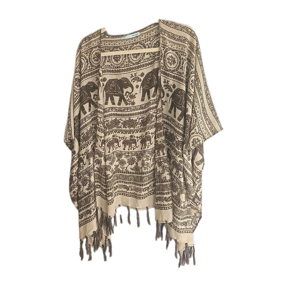 Maurices Brown Mixed Media Open Front Fringe Topper Kimono Top Womans Size L/XL